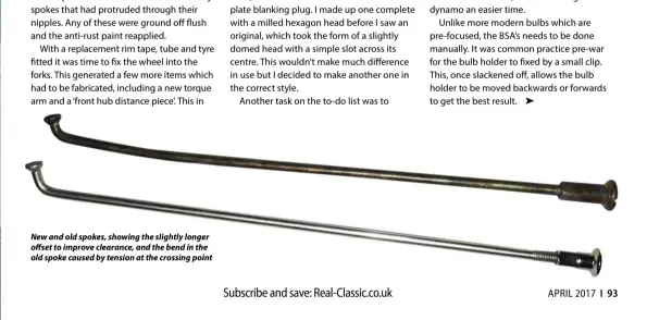  ??  ?? New and old spokes, showing the slightly longer offset to improve clearance, and the bend in the old spoke caused by tension at the crossing point