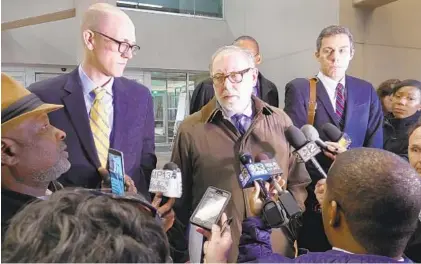  ?? KEVIN RICHARDSON/BALTIMORE SUN ?? From left, federal prosecutor­s Leo Wise, Stephen Schenning and Derek Hines speak to the news media after a guilty verdict in the federal trial of two Baltimore police detectives with the city’s Gun Trace Task Force, at the Edward A. Garmatz Courthouse...