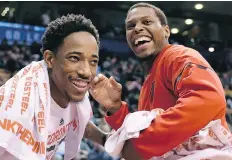  ?? FRANK GUNN/THE CANADIAN PRESS ?? Raptors stars DeMar DeRozan, left, and Kyle Lowry have become best friends on and off the court since teaming up in Toronto. For the third straight year, they both head to the All-Star Game.