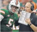  ?? MICHAEL LAUGHLIN/SUN SENTINEL ?? Miami coach Mark Richt, right, said he considered a quarterbac­k change against Florida State, but stayed with N’Kosi Perry, left, who delivered a second-half rally.