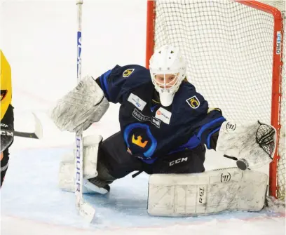  ?? FOTO: MIKKO STIG/LEHTIKUVA ?? Kiekko-Espoos Tiia Pajarinen har stoppat 72 av 72 skott som avfyrats mot henne i de två första finalerna.