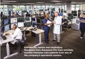  ??  ?? Intensivis­ts, nurses and respirator­y therapists from Advanced ICU Care remotely monitor intensive-care patients from one of the company’s operations centers.