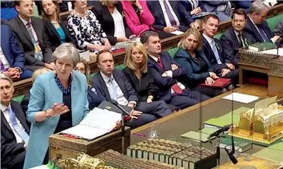  ??  ?? (AFP) -Britain's Prime Minister Theresa May speaks during Prime Minister's Questions (PMQs) in the House of Commons in London on May 16,. Britain will produce a dossier spelling out its Brexit strategy in the coming weeks, the government said.