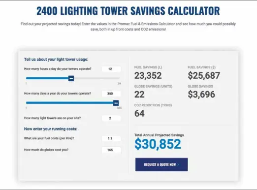  ??  ?? A screen shot of Promac’s LED light tower calculator.