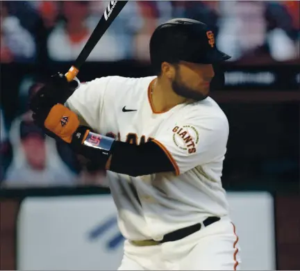  ?? NHAT V. MEYER — STAFF PHOTOGRAPH­ER ?? Giants catcher Joey Bart, the No. 2 overall pick from this year’s draft, bats in his major league debut against the Angels on Thursday night.