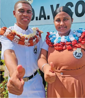  ?? Photo: Nolishma Narayan ?? Dayanand Anglo Vedic College head-boy Bob Dari and Head-girl Dilasha Padiyachi following their prefect induction ceremony in Nabua on May 6, 2022.