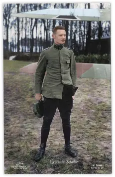  ??  ?? ■ A portrait of Emil Schäfer, taken at Jasta 11’s Roucourt airfield, that was featured in Willi Sanke’s airmen postcard series. (Colour by
Johnny Sirlande)