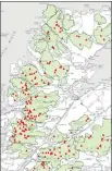  ?? Pictures: David Craig ?? Above left, Ofcom’s target TNS areas, overlaid by designated wild land areas. Above right, NatureScot nominal mast sites (red) mapped against wild land
