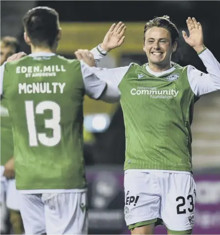  ??  ?? 0 Scott Allan, right, celebrates with Marc Mcnulty after the former scored in Hibs’ Scottish Cup quarter-final victory.