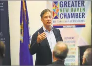  ?? Brian A. Pounds / Hearst Connecticu­t Media ?? Democratic candidate for governor Ned Lamont speaks with members of the Greater New Haven Chamber of Commerce during a candidates forum at the University of New Haven's Orange Campus in Orange on Tuesday.