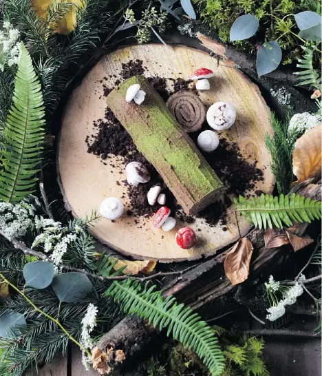  ?? PHOTOS: JACKIE KAI ELLIS ?? Spiced Jasmine Tea and Milk Chocolate Bûche de Noël, with meringue mushrooms, is a traditiona­l French dessert made to resemble a yule log.