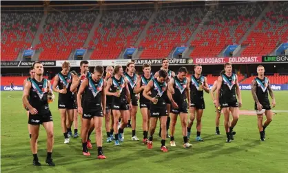  ??  ?? Port Adelaide may have to base themselves in an eastern seaboard quarantine hub if the AFL season is to resume. Photograph: Darren England/AAP