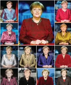  ??  ?? A combo of file pictures shows German Chancellor Angela Merkel posing after the recording of her annual New Year's speech at the Chanceller­y in Berlin (bottom row R to L) 2005- 2008, (second row R-L) 2009-2012, (third row R to L) 2013-2014, (top row R...