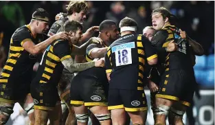  ??  ?? Over the line: Wasps players mob try scorer Dan Robson