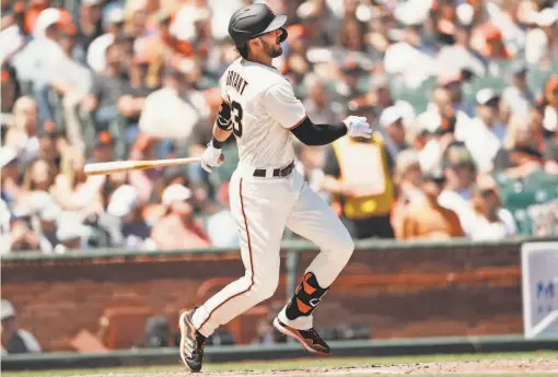  ?? Scott Strazzante / The Chronicle ?? San Francisco’s Kris Bryant watches his solo home run in third inning against Houston. Bryant went 1for4 at the plate.