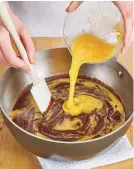  ??  ?? To be sure the eggs don’t get scrambled, stir them into the chocolate mixture off heat.