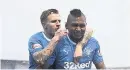  ??  ?? Cup heroes David watched Rangers stars Jason Cummings and Alfredo Morelos demolish Ayr after his operation