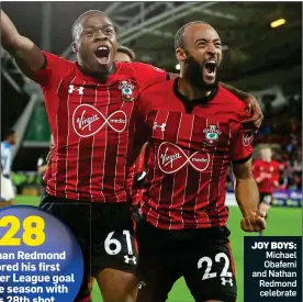  ??  ?? JOY BOYS: Michael Obafemi and Nathan Redmond celebrate