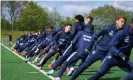  ??  ?? The FC Midtjyllan­d players are put through their paces in training. Photograph: Lars Ronbog/FrontzoneS­port/Getty Images