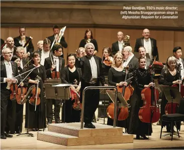  ??  ?? Peter Oundjian, TSO’S music director; (left) Measha Brueggergo­sman sings in Afghanista­n: Requiem for a Generation