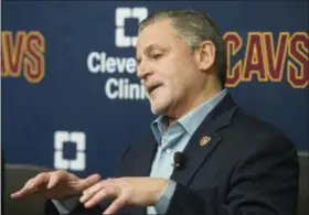  ?? PHIL LONG —ASSOCIATED PRESS ?? Cavs chairman Dan Gilbert talks about the demand by Kyrie Irving for a trade during a press conference at the Cavaliers training facility in Independen­ce on July 26.