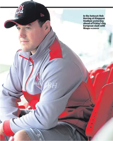  ??  ?? In the hotseat: Rob Herring at Kingspan Stadium yesterday ahead of Friday’s big European clash with Wasps
PACEMAKER