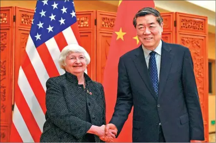  ?? PARDO / AFP PEDRO ?? Vice-Premier He Lifeng shakes hands with US Treasury Secretary Janet Yellen in Guangzhou, Guangdong province, on Friday.