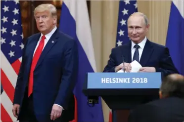  ?? FOTO: AP ?? J. Hartmann er ikke begejstret over Donald Trumps adfaerd, da han og Ruslands praesident, Vladimir Putin, forleden mødtes i Helsinki.