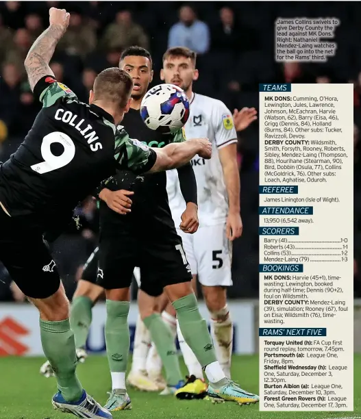  ?? ?? James Collins swivels to give Derby County the lead against MK Dons. Right: Nathaniel Mendez-laing watches the ball go into the net for the Rams’ third.