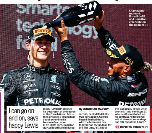  ?? REX ?? Champagne moment: Russell (left) and Hamilton celebrate on the podium