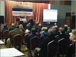  ??  ?? A section of the large attendance at last Friday evening’s meeting at the Mourneabbe­y Community Hall convened by the Nagle View Turbine Aware (NVTA) group.