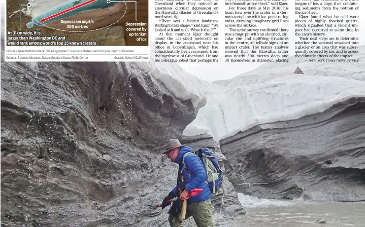  ?? New York Times ?? Geologist Kurt Kjaer collects sand samples at Hiawatha Glacier in Greenland. The sand was transporte­d by the glacier from the bottom of the crater to the surface. ■