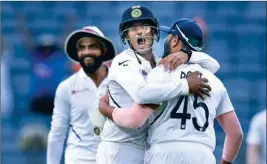  ?? PTI ?? Indian cricket team players celebrate the dismissal of Keshav Maharaj during the day 3 of second Indiasouth Africa cricket test match at Maharashtr­a Cricket Associatio­n Stadium in Pune on Saturday