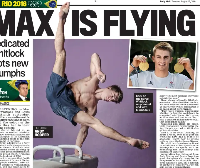  ?? PICTURES: ANDY HOOPER ?? Back on the horse: Whitlock on pommel and with his medals