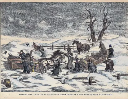  ?? RYCH MILLS COLLECTION ?? Artist Eugene Haberer's flying hats, tipped wagons, scattered music books, frantic horses and mountainou­s snowbanks provide a great idea of the 1875 disaster. The leader, right, seems anxious while two almost-human trees laugh uproarious­ly in the background.