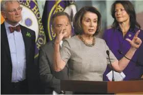  ?? Chip Somodevill­a / Getty Images ?? House Minority Leader Nancy Pelosi with Democratic Reps. Earl Blumenauer (left) of Oregon, David Cicilline of Rhode Island and Cheri Bustos of Illinois.