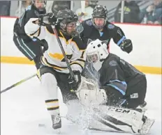  ?? ?? North Allegheny’s Marc Joyson tries to put the puck past Seneca Valley’s Cenzo DiTullio in a PIHL Class 3A Penguin Cup semifinal game Monday at the Robert Morris University Island Sports Center.