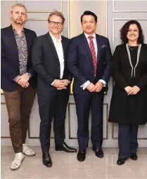  ?? ?? Left to right: Alex Pregnolato, CFO, De Beers Brands; Marc Jacheet,
CEO, De Beers Brands together with the founders, Raghav and Cherry Sahni, from DIAMONDTRE­E
