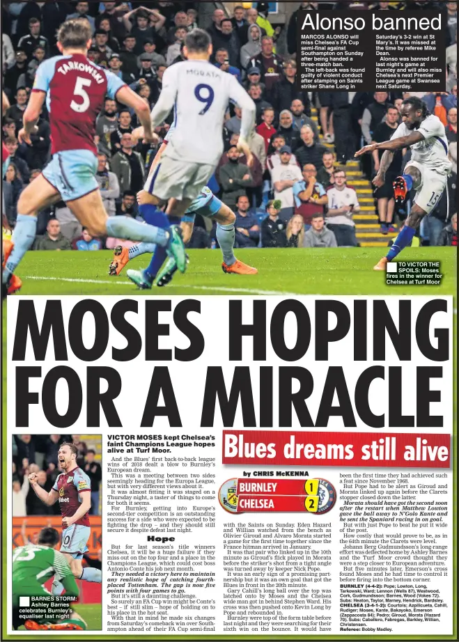  ??  ?? BARNES STORM: Ashley Barnes celebrates Burnley’s equaliser last night TO VICTOR THE SPOILS: Moses fires in the winner for Chelsea at Turf Moor