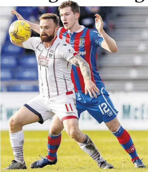  ??  ?? TOUCH-TIGHT: Caley Thistle’s Jamie McCart, right, puts Craig Curran, of Ross County, under pressure