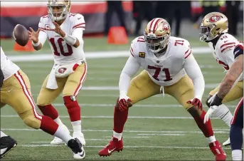  ?? WINSLOW TOWNSON — THE ASSOCIATED PRESS, 2020 ?? 49ers offensive tackle Trent Williams blocks against the Patriots at Gillette Stadium on Oct. 25in Foxborough, Mass.