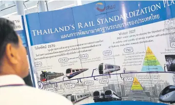  ?? PATIPAT JANTHONG ?? An exhibit of railway projects. The Bangkok-Rayong high-speed rail is among the projects set for launch in 2018.