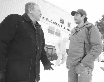  ?? MATTHEW VENO  TRURO DAILY NEWS ?? Former Truro Bearcats captain Mike Henderson and current captain Travis Moore recently met at Colchester Legion Stadium to share their memories of playing in the 48- year- old building. The Bearcats play their final game in the arena Saturday before...