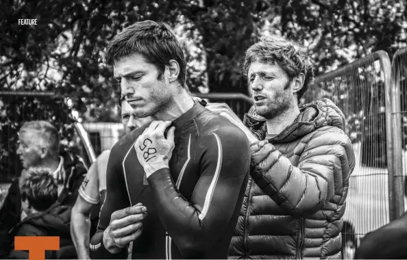  ??  ?? Ultra warriors (clockwise from above): Andrew Duggan is zipped up by brother Mark; Sarah Welsh; Anthony Gerundini prepares for all seasons; Mick Buin would be one of six triathlete­s to miss the bike cut-off.