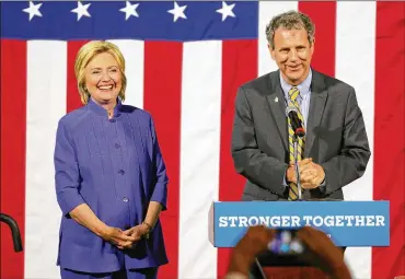  ?? GREG LYNCH / STAFF ?? Ohio Sen. Sherrod Brown, D-Ohio, speaks at an event during Hillary Clinton’s presidenti­al campaign in Cincinnati in 2016. Brown is frequently talked about as a top contender to run for president himself in 2020.