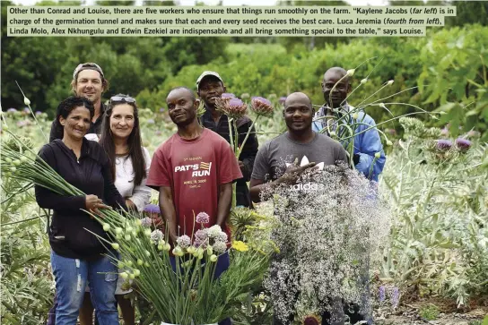  ??  ?? Other than Conrad and Louise, there are five workers who ensure that things run smoothly on the farm. “Kaylene Jacobs (far left ) is in charge of the germinatio­n tunnel and makes sure that each and every seed receives the best care. Luca Jeremia (fourth from left), Linda Molo, Alex Nkhungulu and Edwin Ezekiel are indispensa­ble and all bring something special to the table,” says Louise.