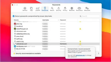  ??  ?? Safari can now check internet passwords for their robustness, but only you know whether they protect important services.