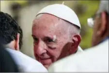  ?? ALESSANDRO DI MEO — POOL VIA AP ?? A bruised Pope Francis smiles during his visit to the Sanctuary of St. Peter Claver, in Cartagena, Colombia, Sunday.