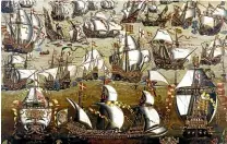  ??  ?? English ships and the Spanish Armada tangle in August, 1588.