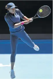  ?? Picture: WILLIAM WEST/AFP ?? DOING THE WORK: Japan’s Naomi Osaka hits a backhand during a training session for the Australian Open